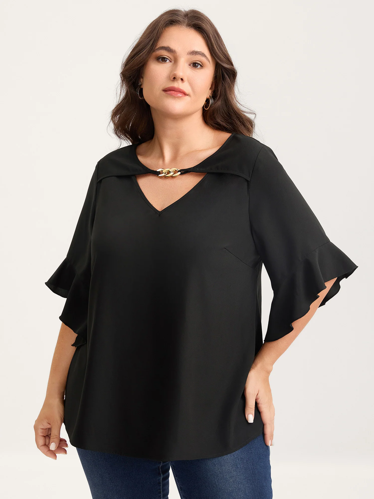 Metallic Neck Detail Ruffled Solid Blouse