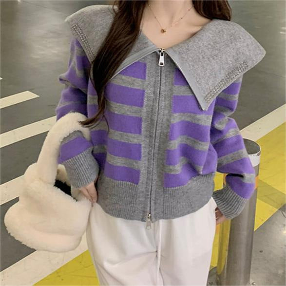 Sailor Collar Striped Sweater Coat with Niche Design and Hot Drilling Details