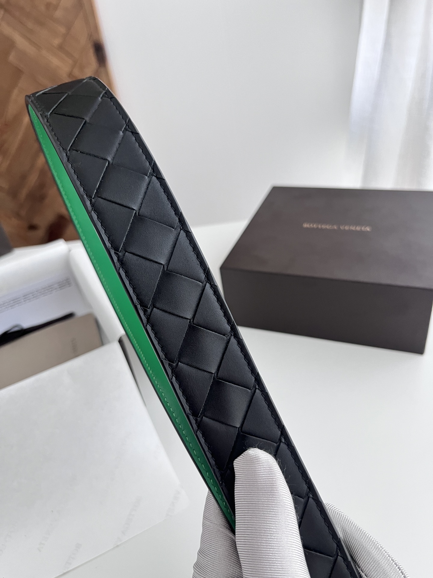 Bottega Veneta woven leather belt with rotating pin buckle, 3.5cm wide