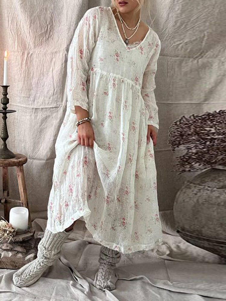 Vintage Floral Printed Long Sleeve Maxi Dress