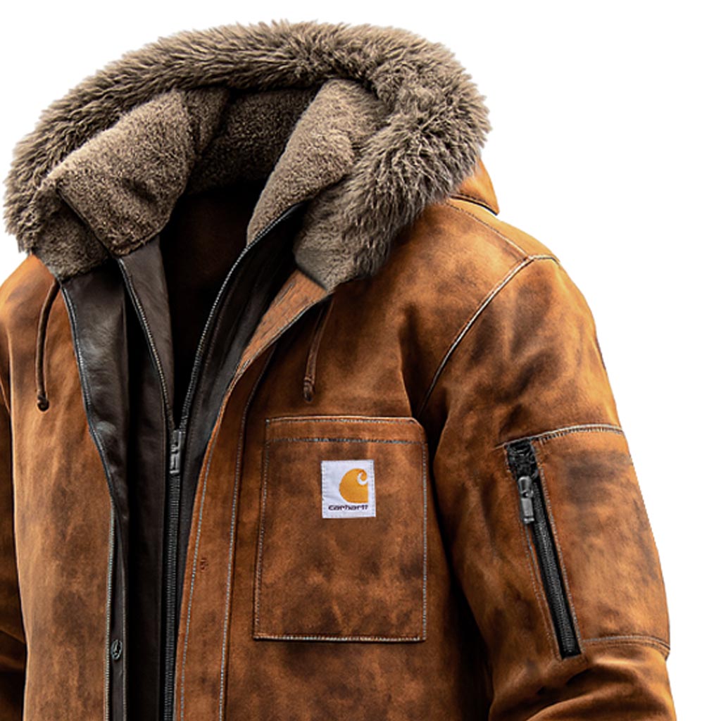 Brown Leather-Like Winter Coat with Fur Hood