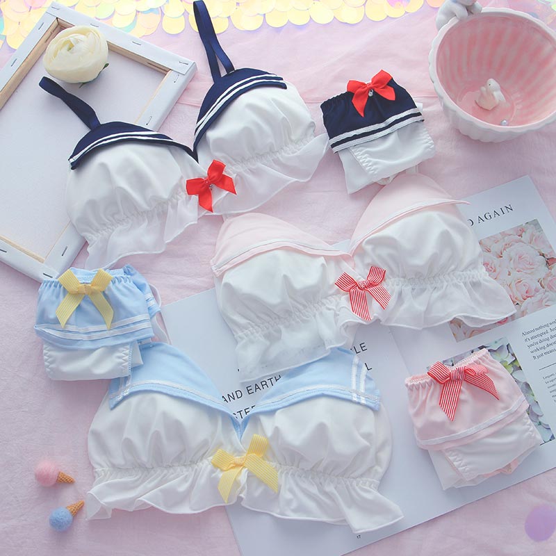 Navy Style Bow knot Lingerie Set