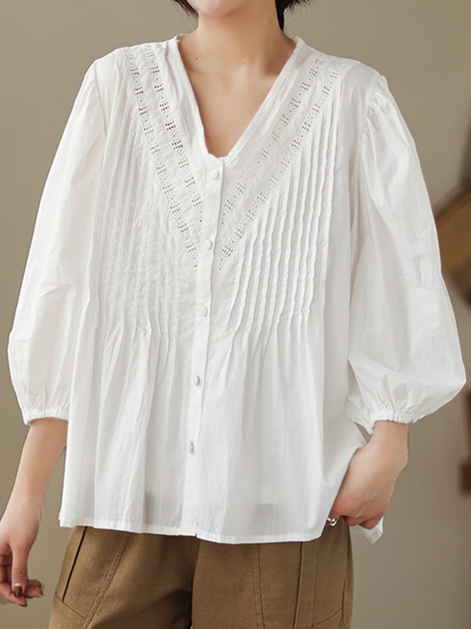 Women's Cotton Lace Patchwork Pleated Lantern Sleeve V-Neck Blouse