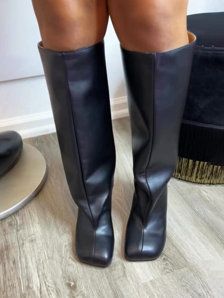 Suede Wide Calf Square Toe Boots