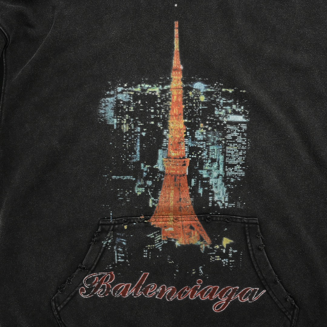 Balenciaga 24Fw Tokyo Tower damaged washed distressed hooded sweatshirt