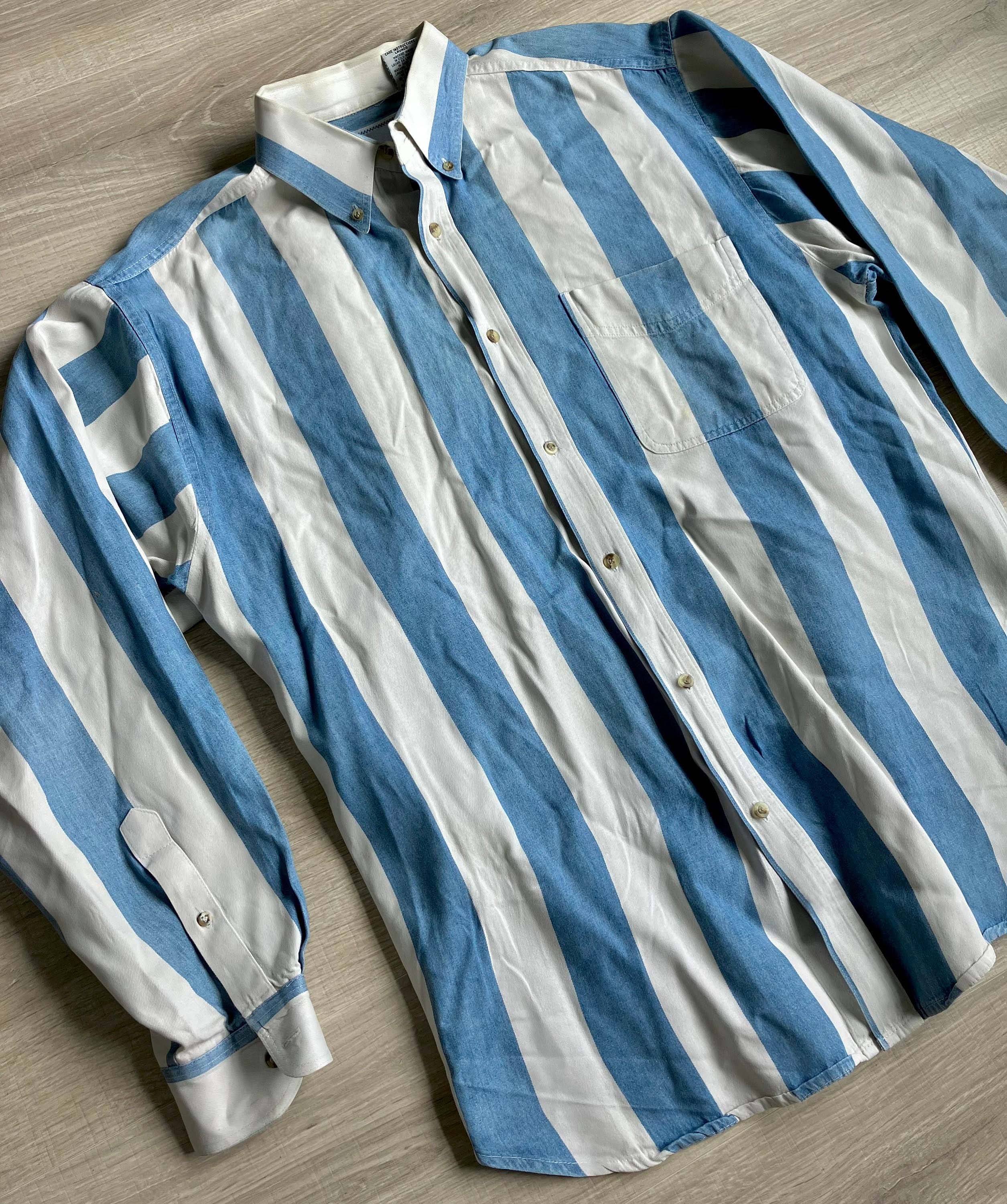 Men's Fashion Western Light Blue White Striped Long Sleeve Shirt