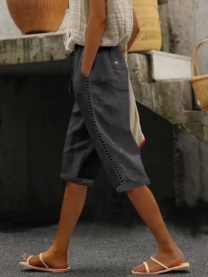 Cotton And Linen Side Lace Hollow Stitching Casual Five-Point Pants