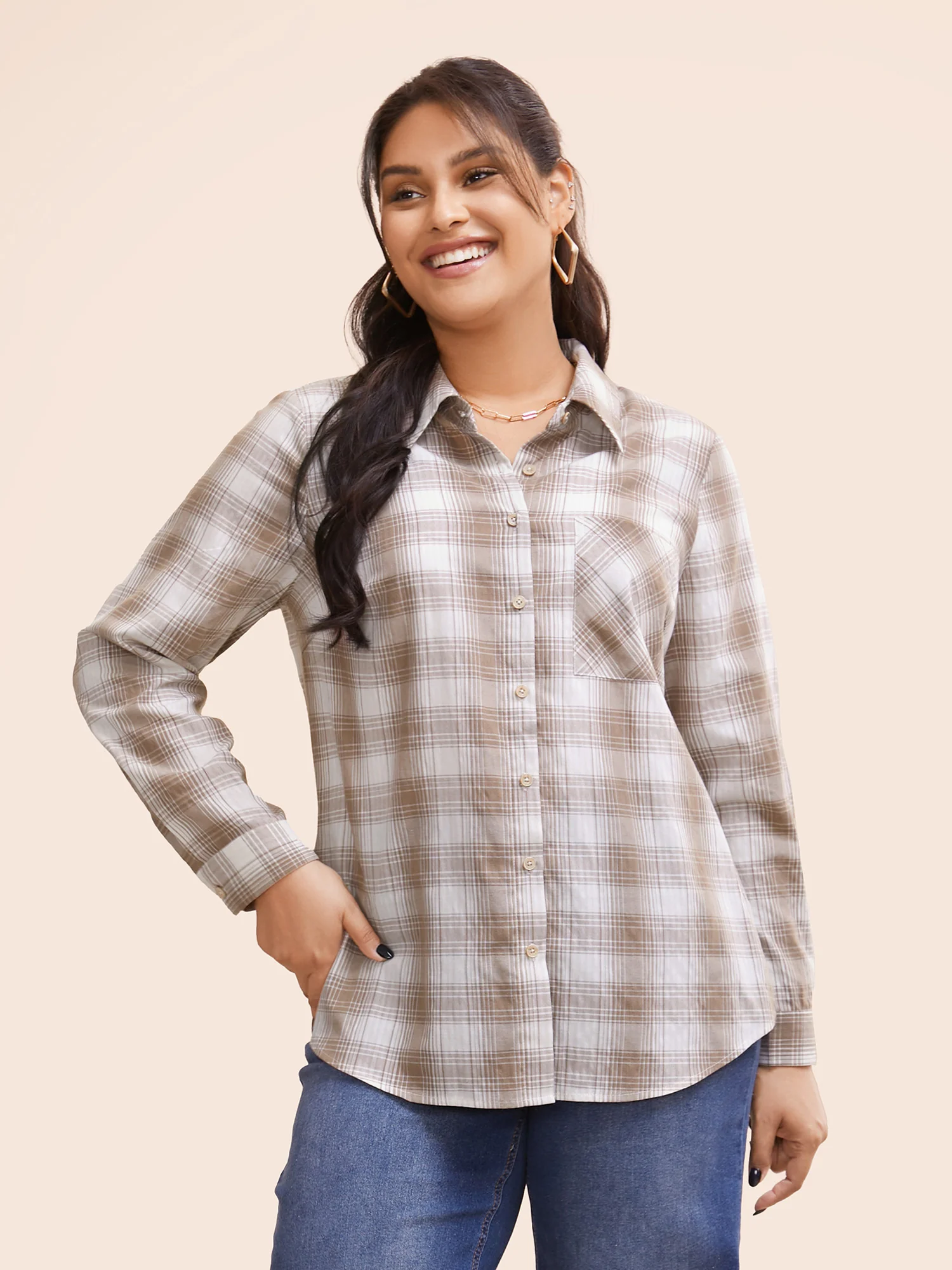 Plaid Shirt Collar Patch Pocket Blouse
