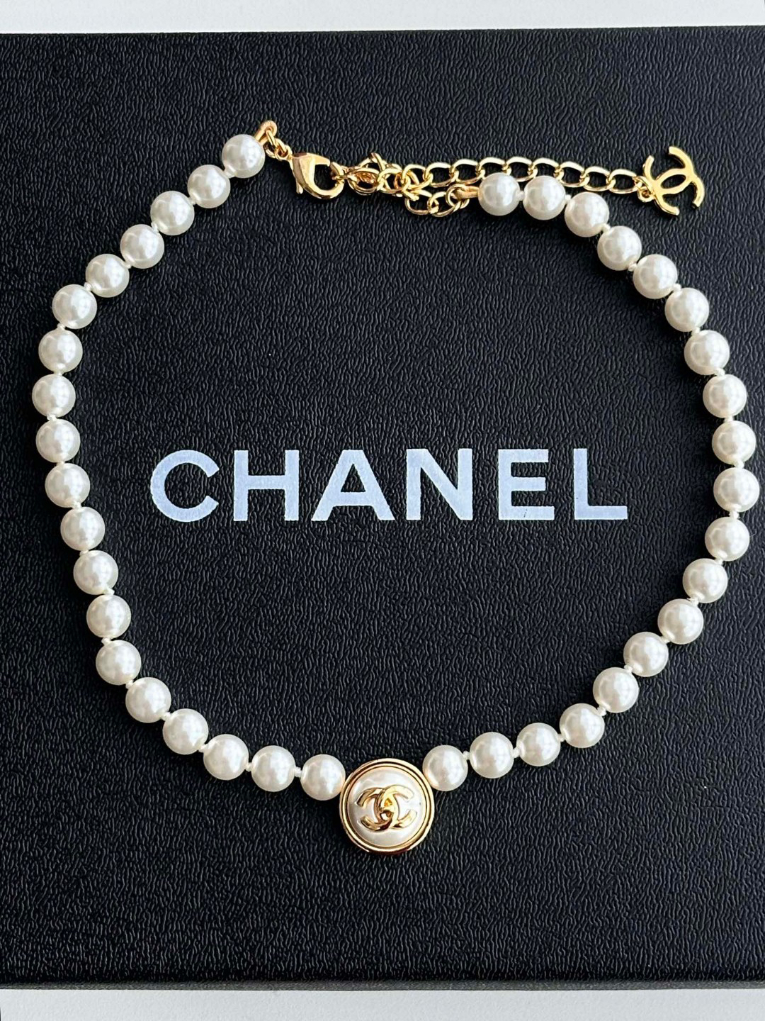 Chanel Pearl Double C Necklace Black and White