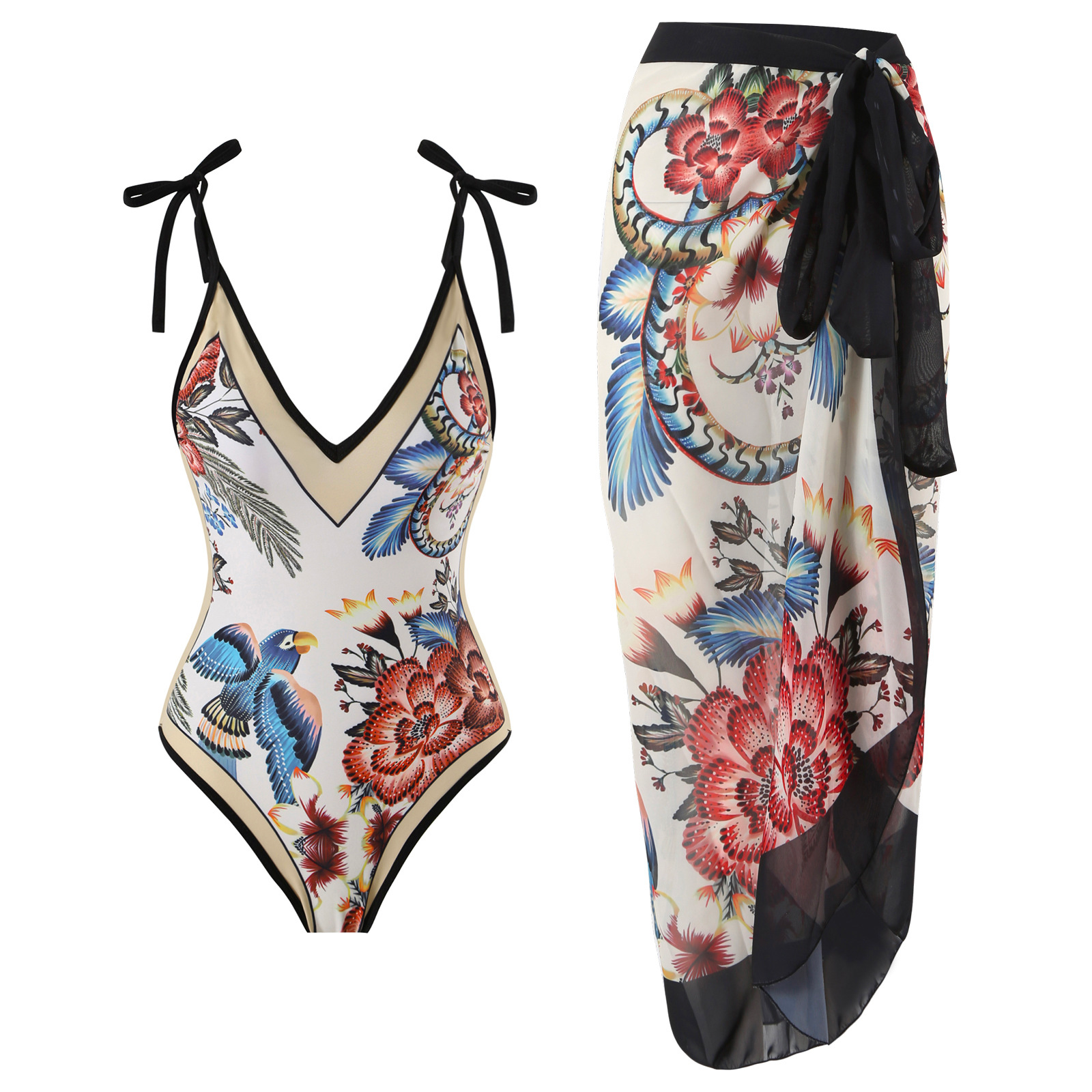 Heididress Floral Print V Neck Tie Shoulder One-piece Swimwear and Wrap Cover Up Skirt Set
