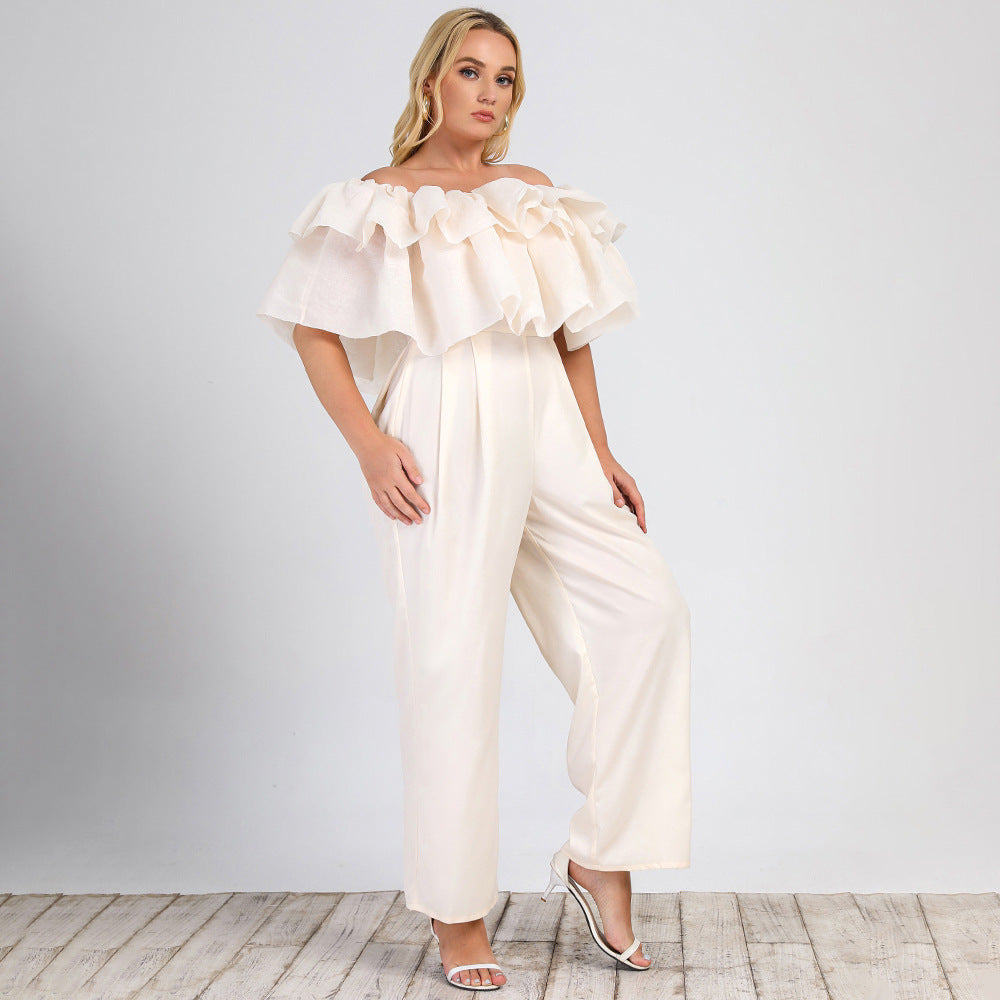Plus Size Women Clothing Summer New Lotus Edge off-Shoulder Solid Straight-Leg Office Casual Pants Jumpsuit