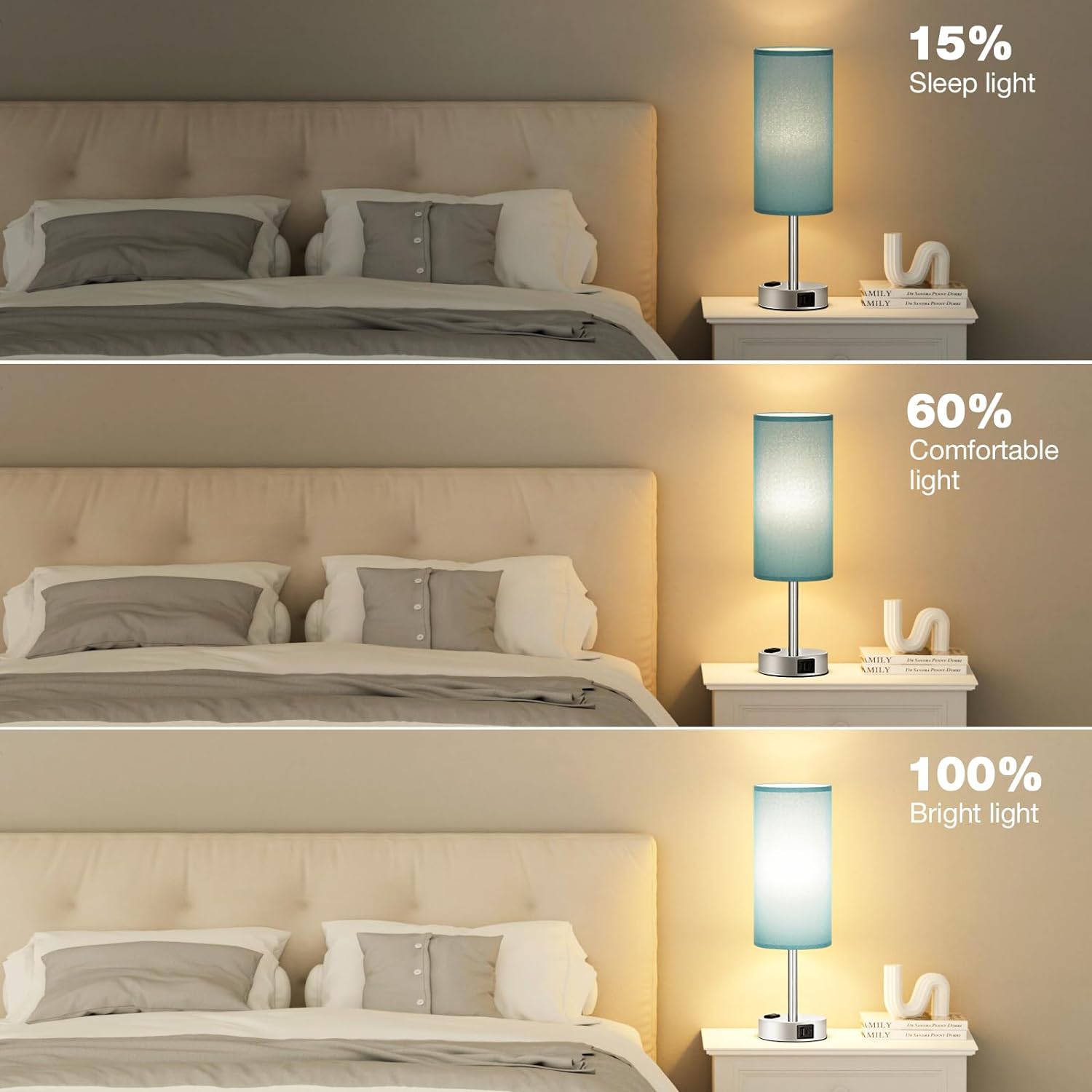 Bedside Table Lamp for Bedroom - 3 Way Dimmable Touch Lamp USB C Charging Ports and AC Outlet, Small Lamp Wood Base Round Flaxen Fabric Shade for Living Room, Desk, LED Bulb Included