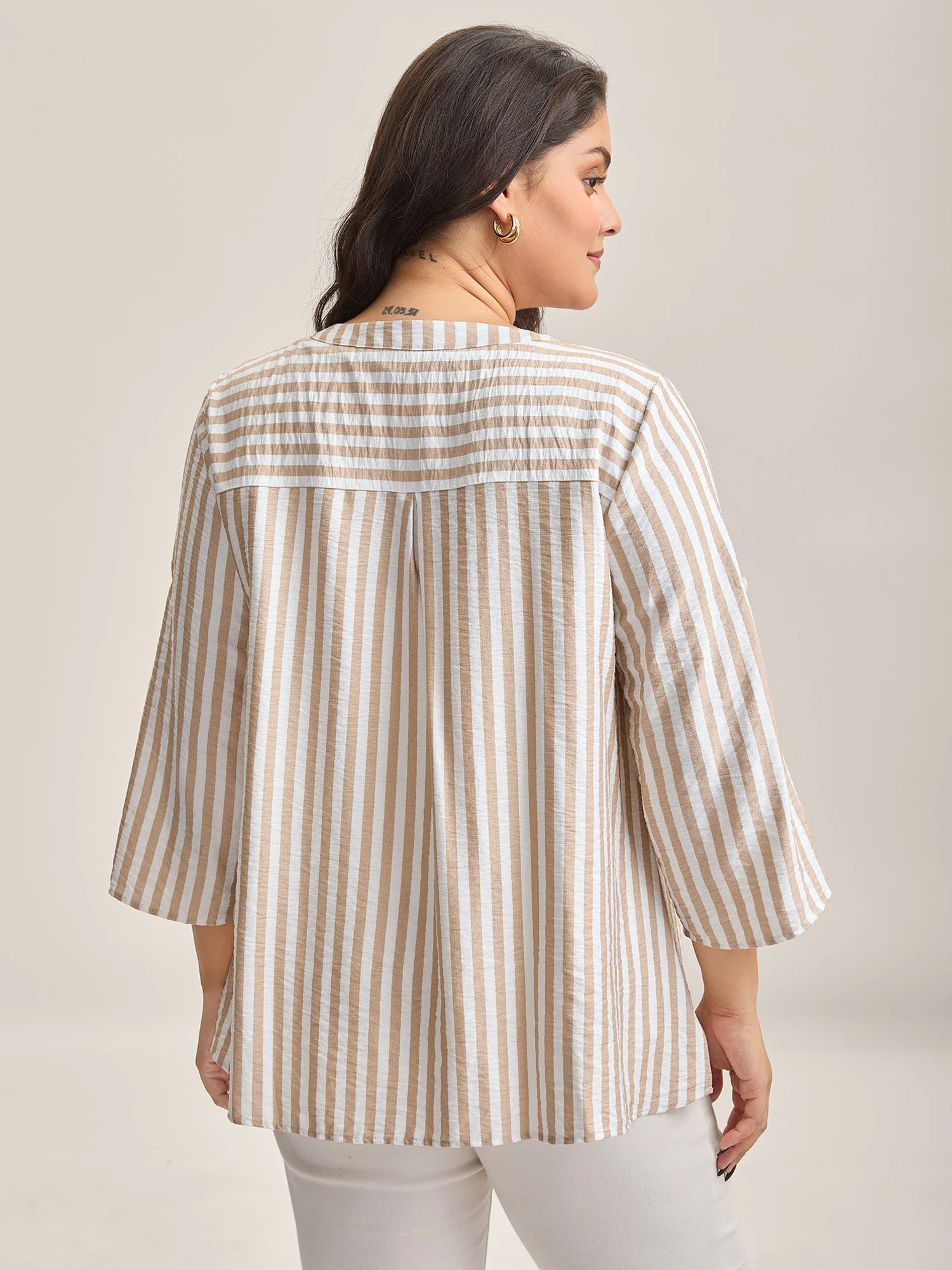 Stripe Print Tab Sleeve Notched Collar Blouse
