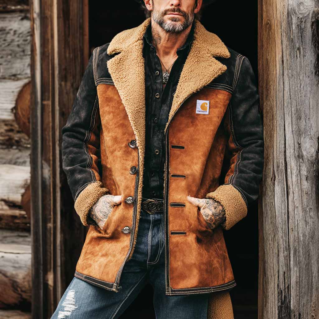 Men's Vintage Suede Brown Black Color Block Lapel Shearling Jacket Coat