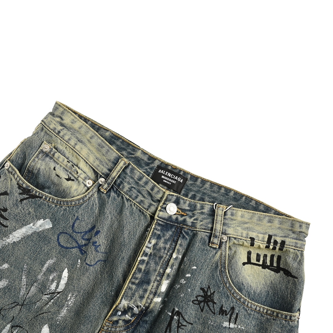 Balenciaga Hand-painted Graffiti Washed Loose Wide-leg Jeans