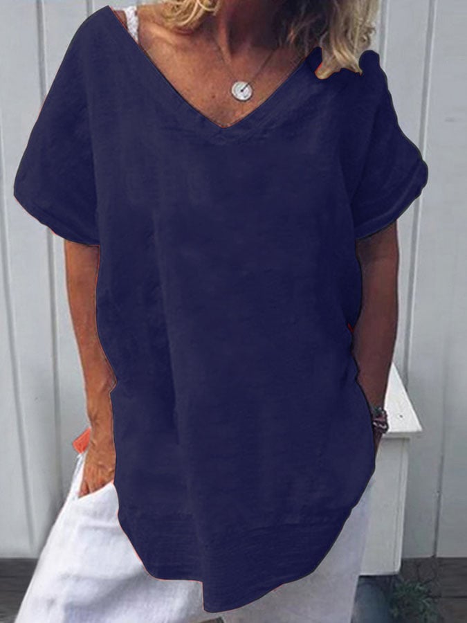 Solid Color Cotton And Linen T-Shirt