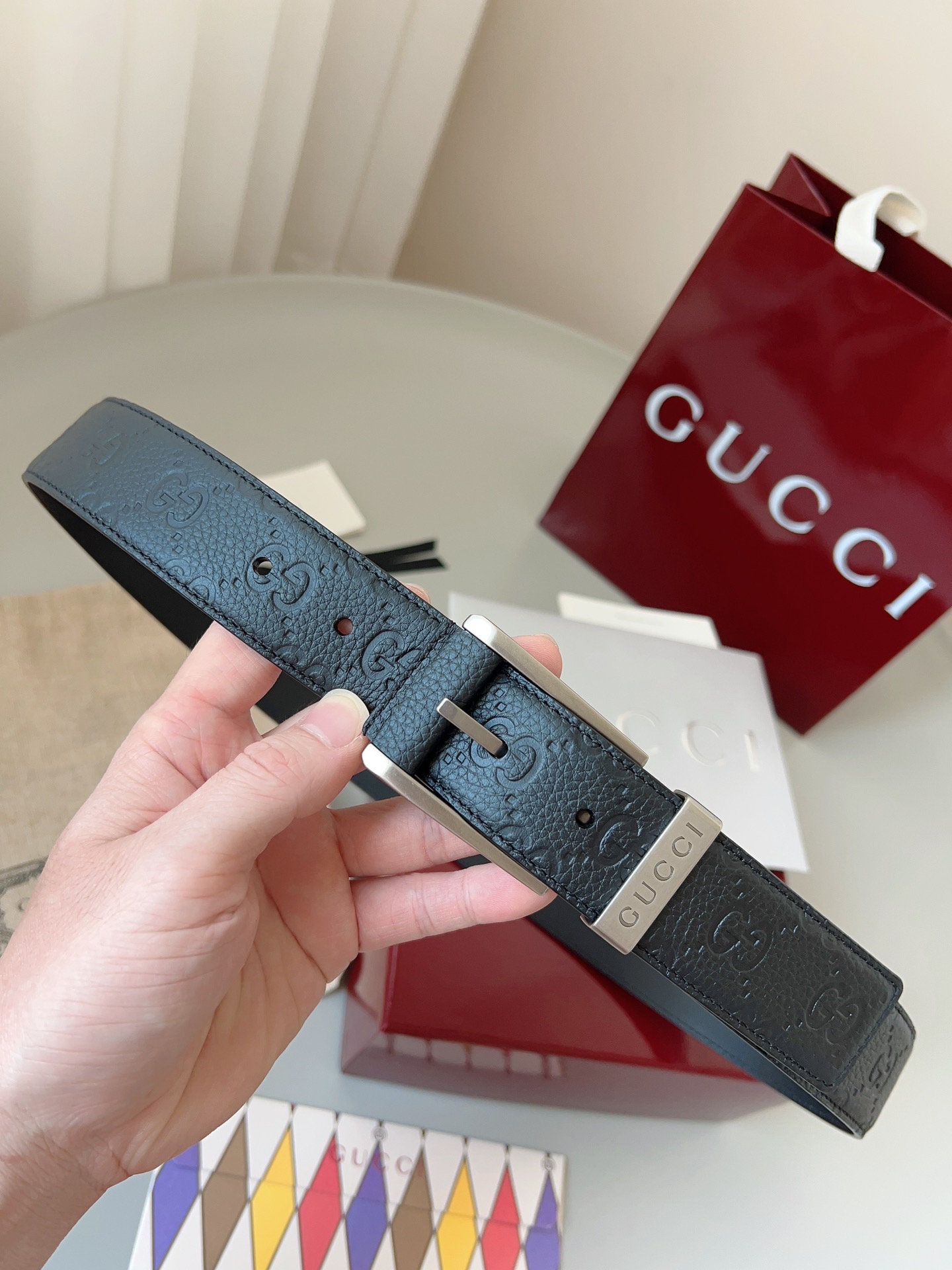 Gucci pin buckle printed leather belt 3.5cm wide