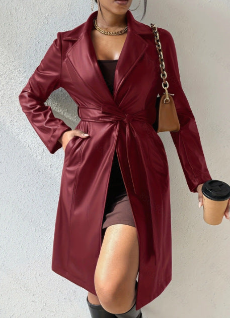 PU Long Sleeve Slim Fit Women's Long Trench Coat