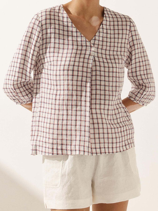 Women's Casual Checked Linen Classic Doll Collar Top