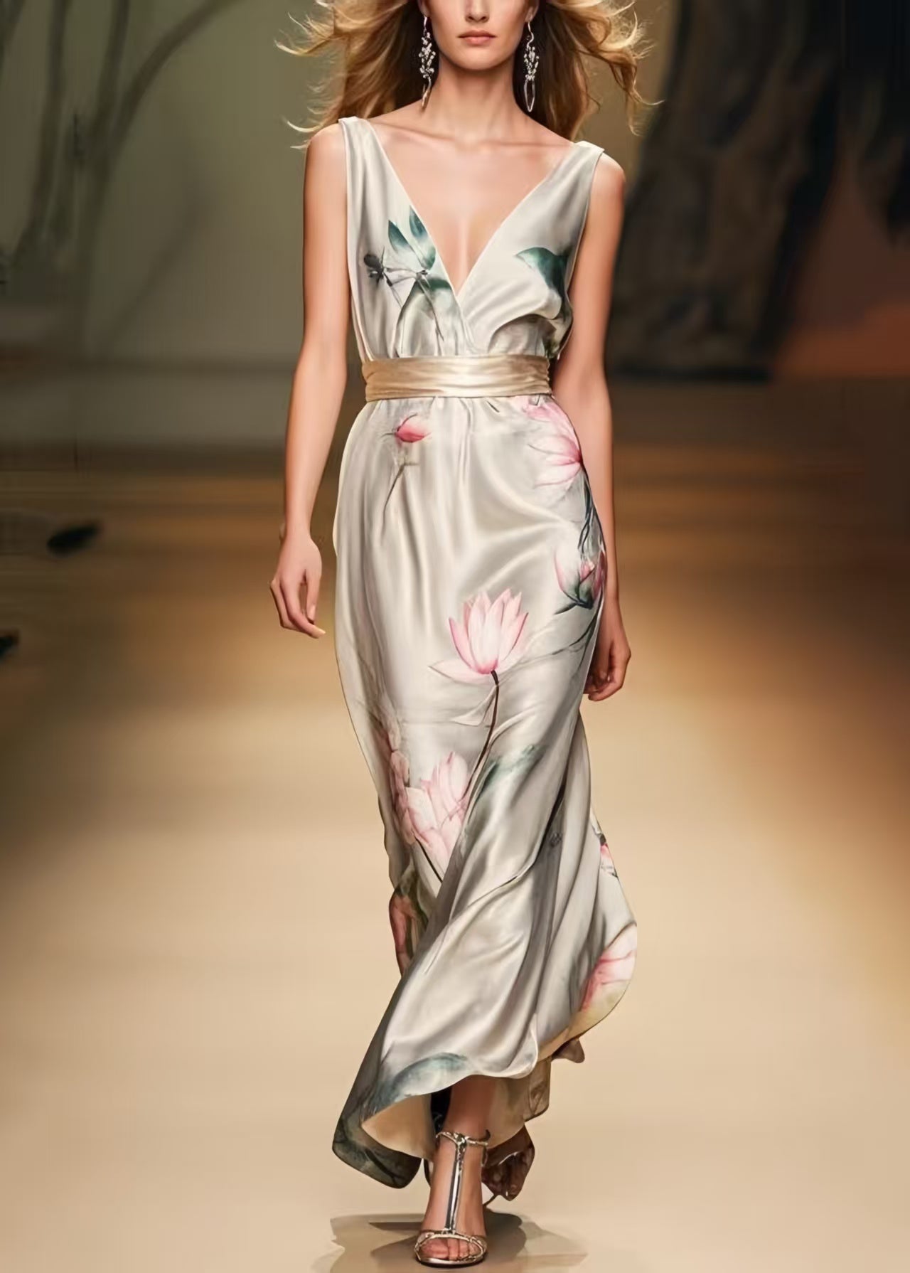 Women Apricot Cinched Print Silk Party Dress Summer