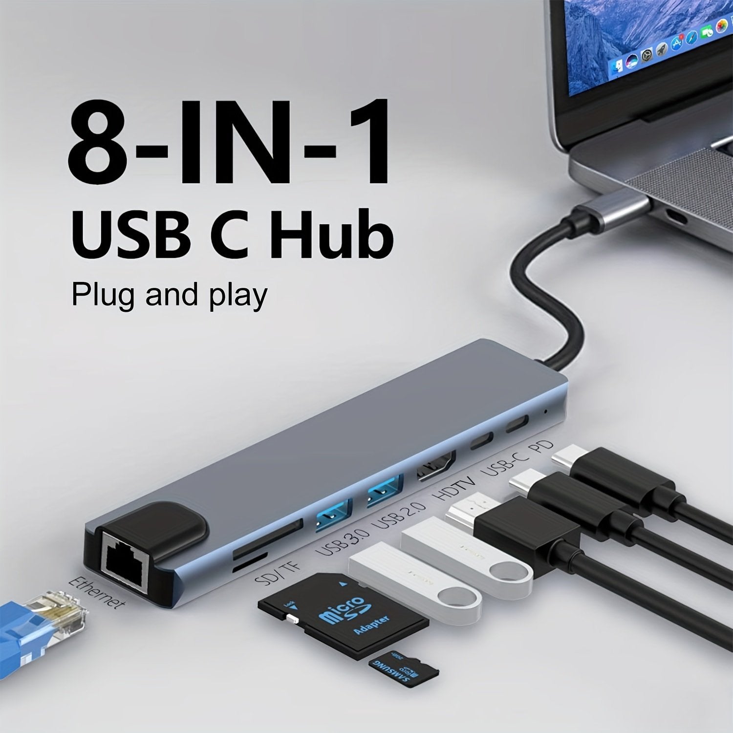 8 In 1 USB C HUB, USB C Adapter With 4K HDTV, 100W PD, USB C Port, USB 3.0,USB 2.0,RJ45 Ethernet, SD/TF Card Reader, Docking Station Compatible For MacBook Pro/Air USB C Laptops And Other Type C Devices