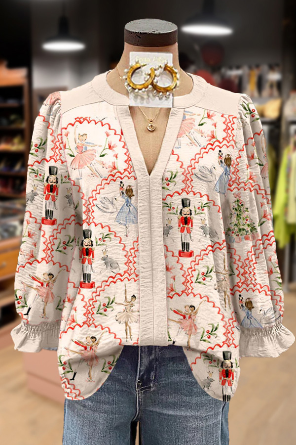 Christmas Nutcracker Print Cuff Sleeve Top