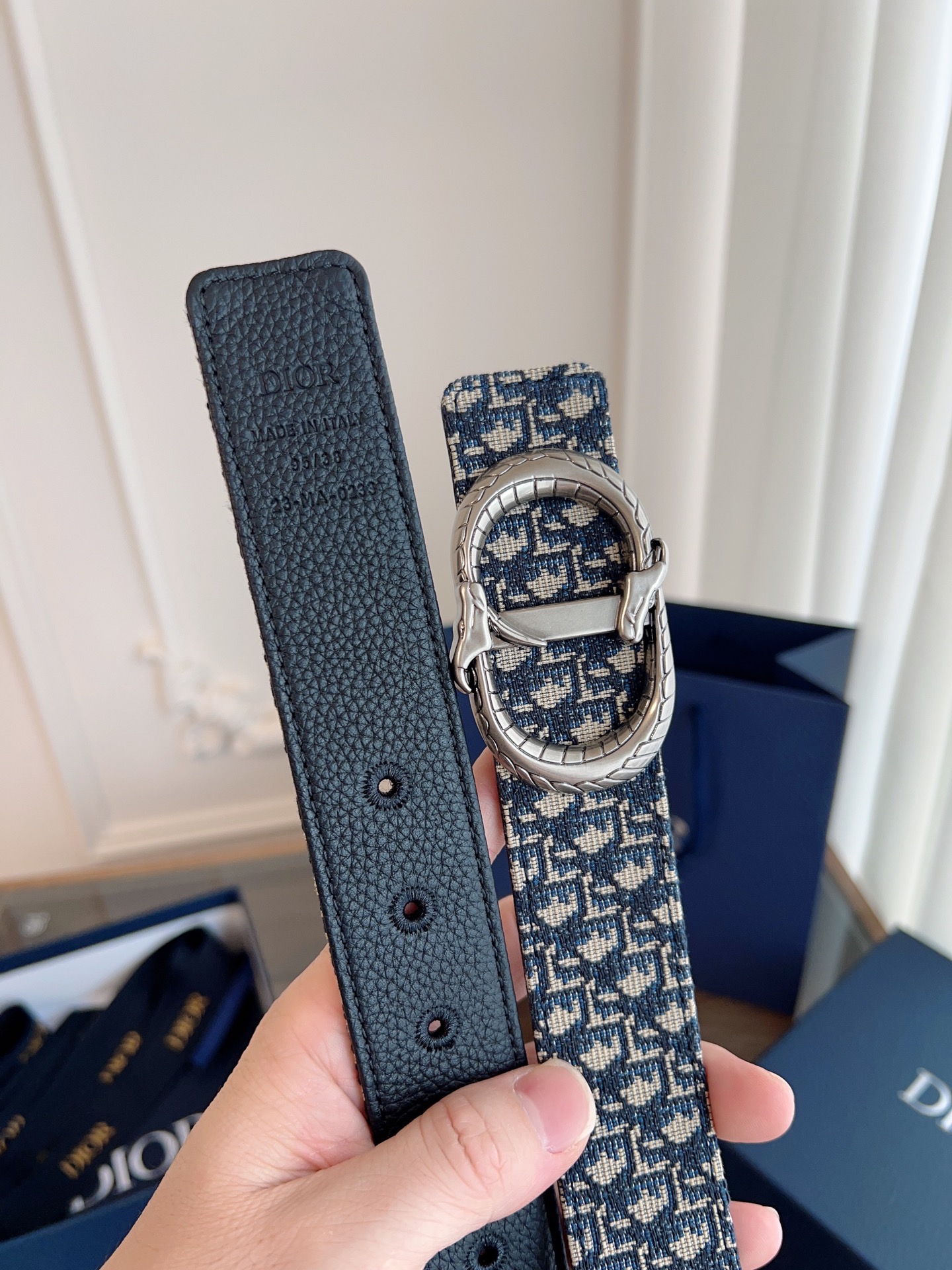 Dior Oblique blue cloth and black leather belt width 3.5CM