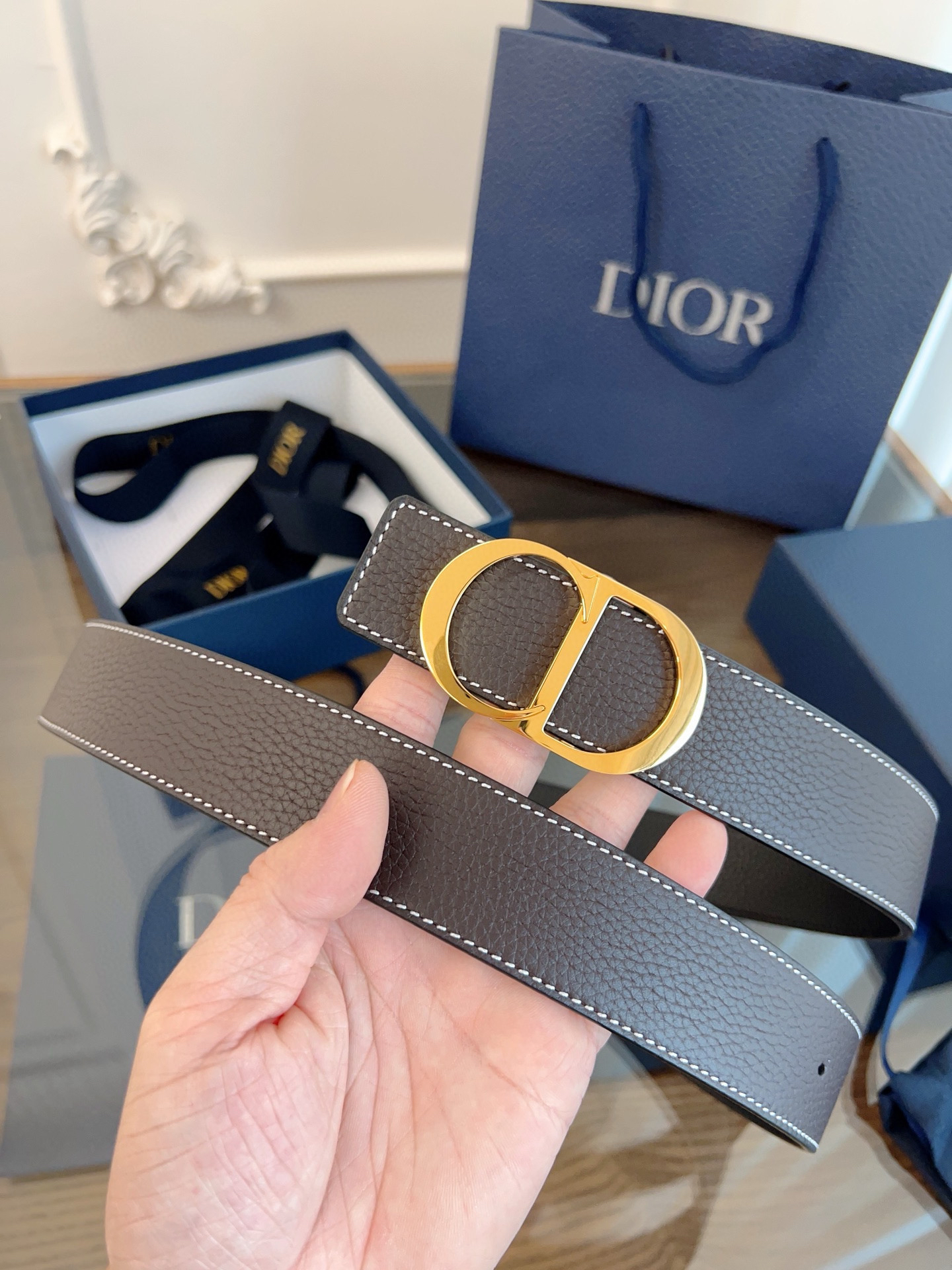 Dior coffee black double-faced cowhide belt width 3.5cm