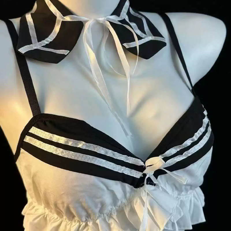 School Uniform Bow Stripe Lingerie Set