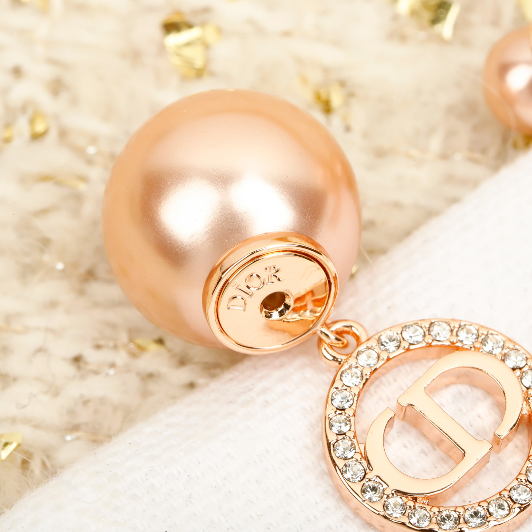Dior Round Crystal CD Double Ball Pearl Earrings