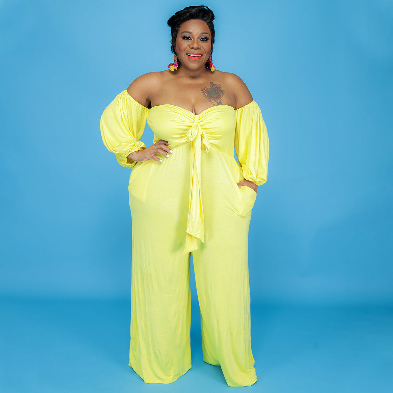 Plus Size Sexy Tube Top Solid Color Jumpsuit Wide Leg Pants