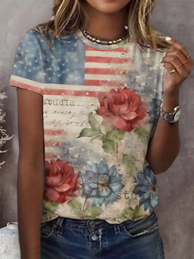 Women'S Independence Day Round Neck Retro Floral Print Casual T-Shirt
