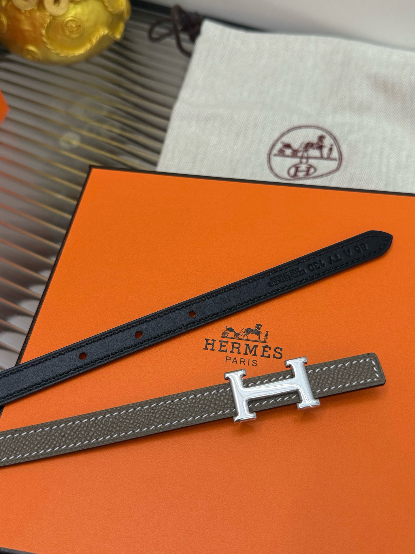 Hermès Mens belt double-sided calfskin women's belt width 1.3CM