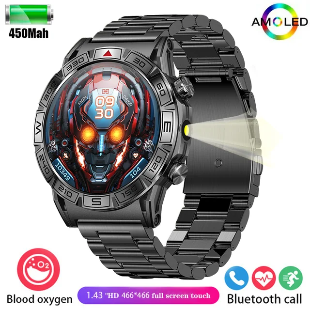 New 1.43-inch UHD Bluetooth Talk smartwatch GPS Running Track 450Mah Large battery Compass flashlight Men's outdoor smartwatch