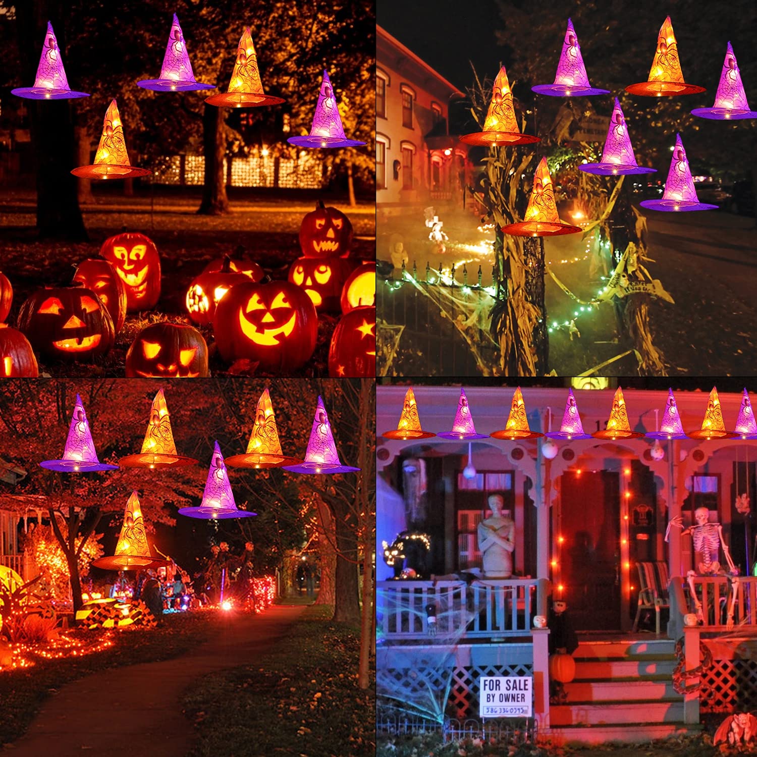 🔥Super Sale - 49% OFF🔥8 PCS Waterproof Hanging Witch Hat with String Lights with Remote