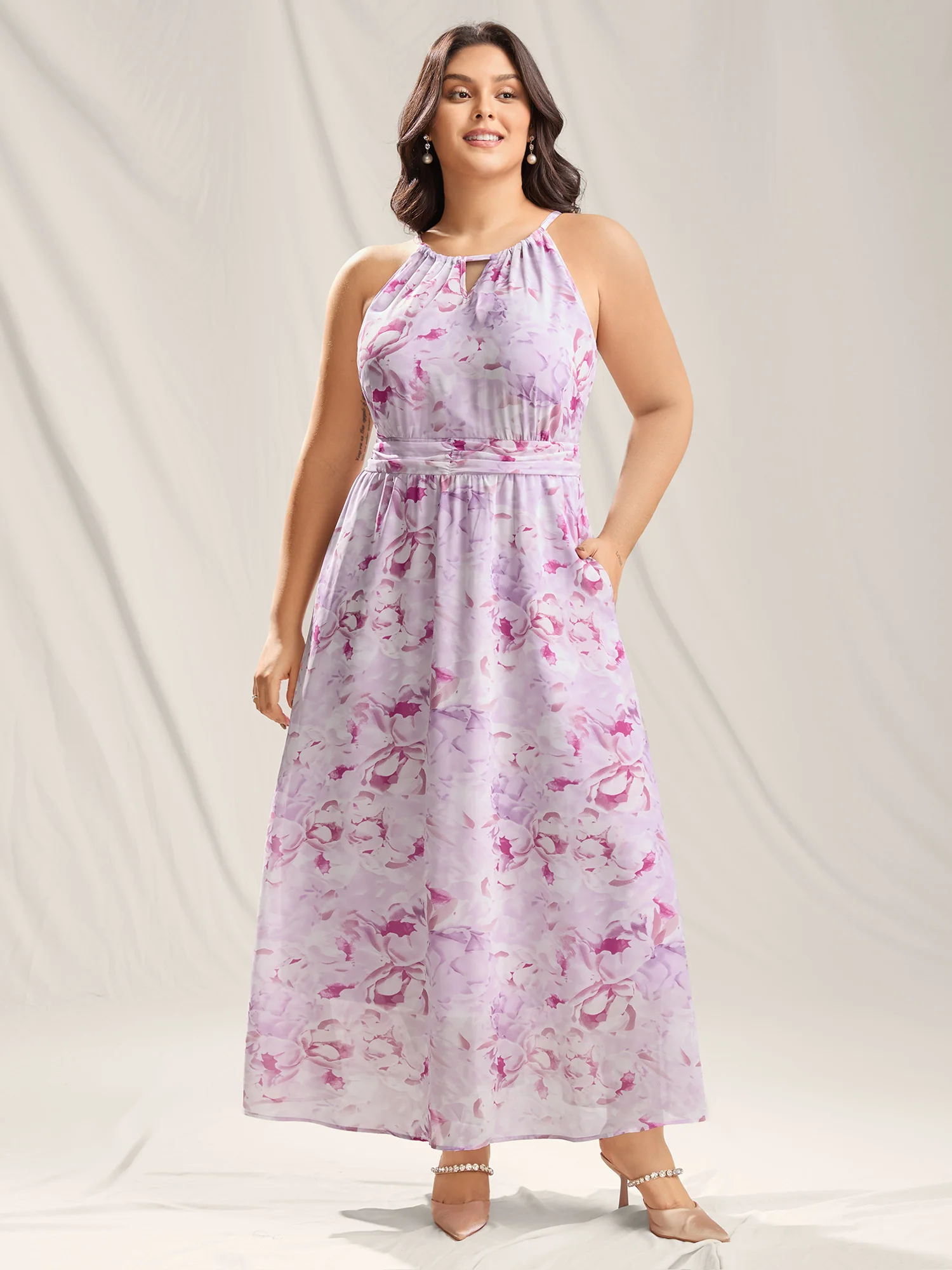 Floral Print Halter Neck Stretchy Midi Dress