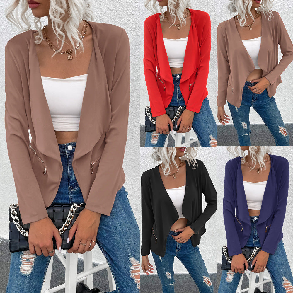 Suit Jacket with Lapel and Zipper Closure in Solid Color