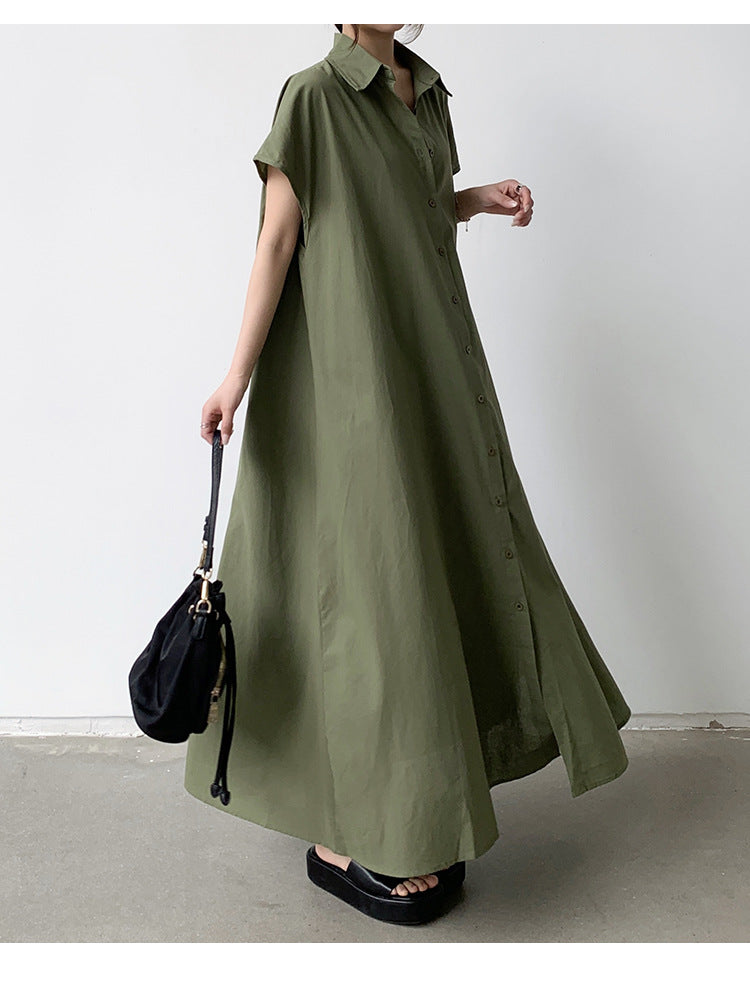 Summer Dress Women Pullover Short Sleeve Linen Solid Color Loose Lapels Casual Shirt Dress