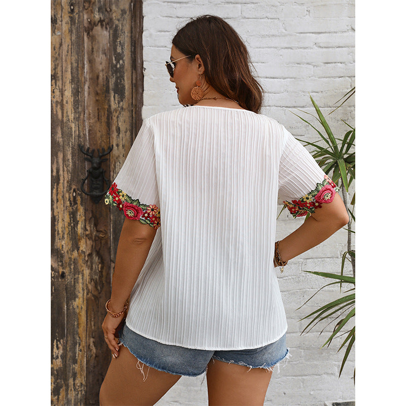 Plus Size Women Summer V Neck Loose Pullover Top Embroidered Edge Short Sleeved Shirt Women Shirt