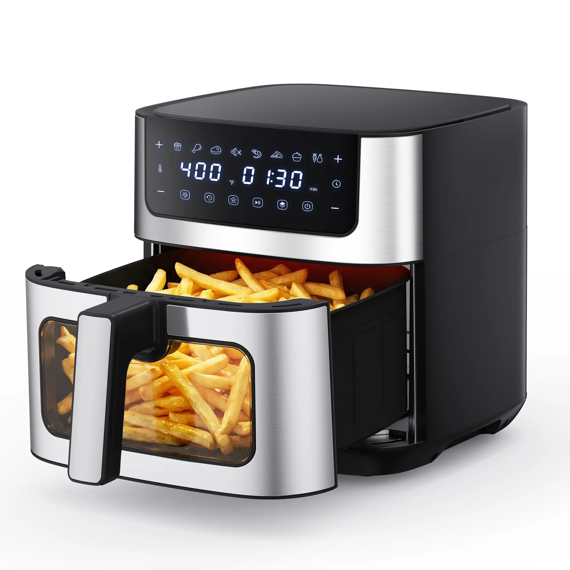 6.34QT Air Fryer with Window 8 Food Presets 400°F Max Heat 90-Min Timer Nonstick Dishwasher-Safe Basket for Air Fry Roast Reheat Bake Stainless Steel
