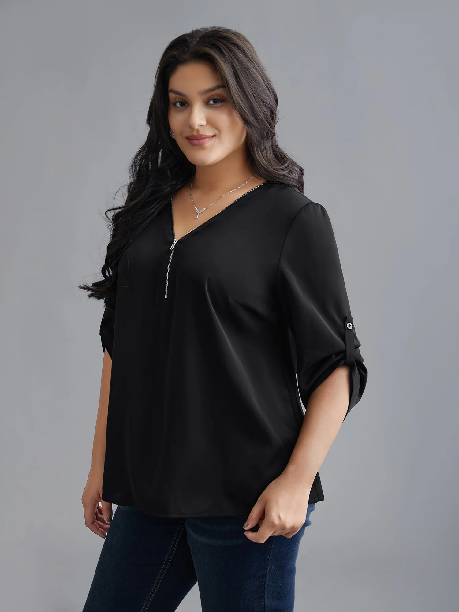 Plain V Neck Half Zip Tab Sleeve Blouse
