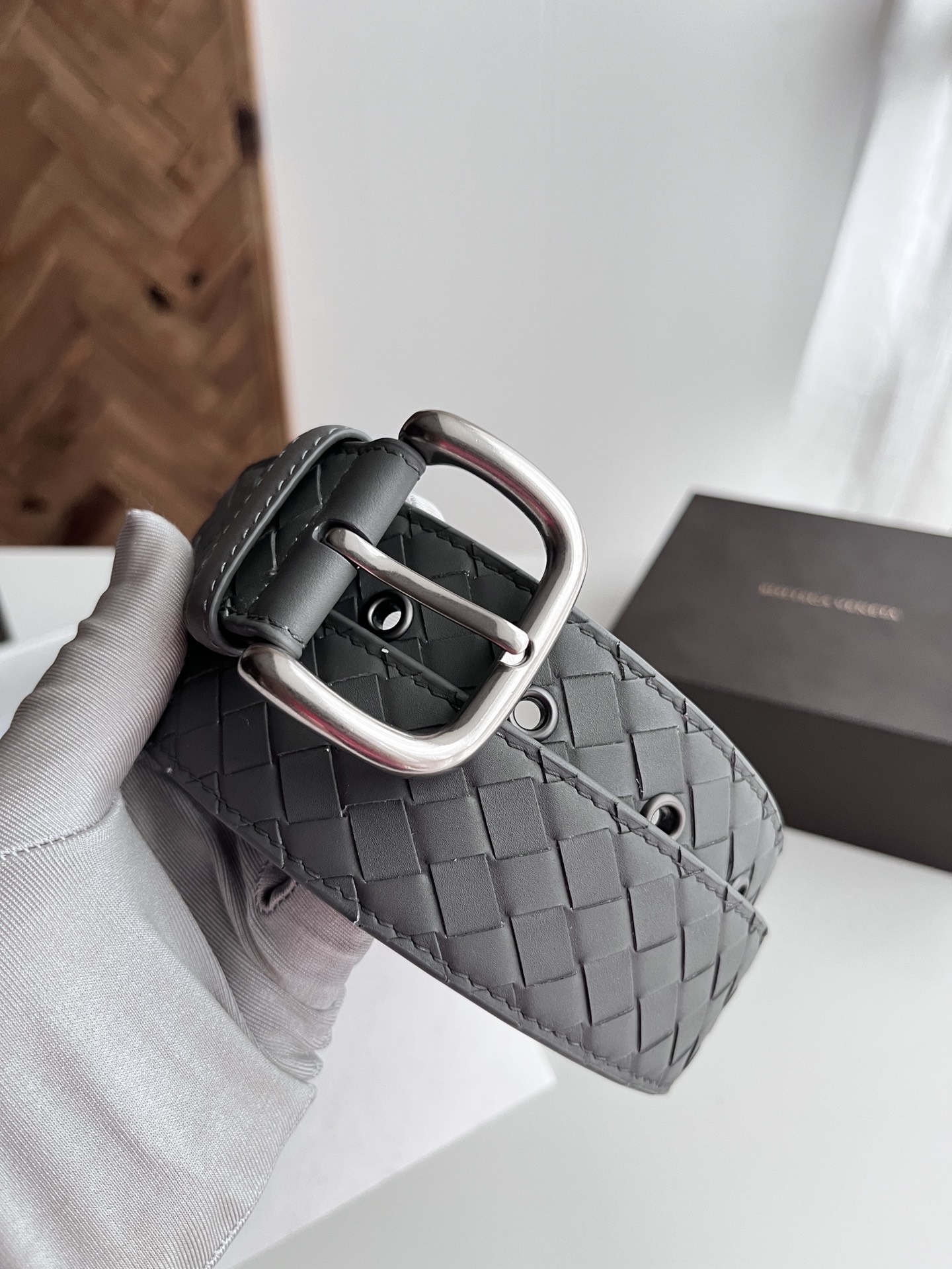 Bottega Veneta intreccio woven cowhide double-sided belt width 4.0cm