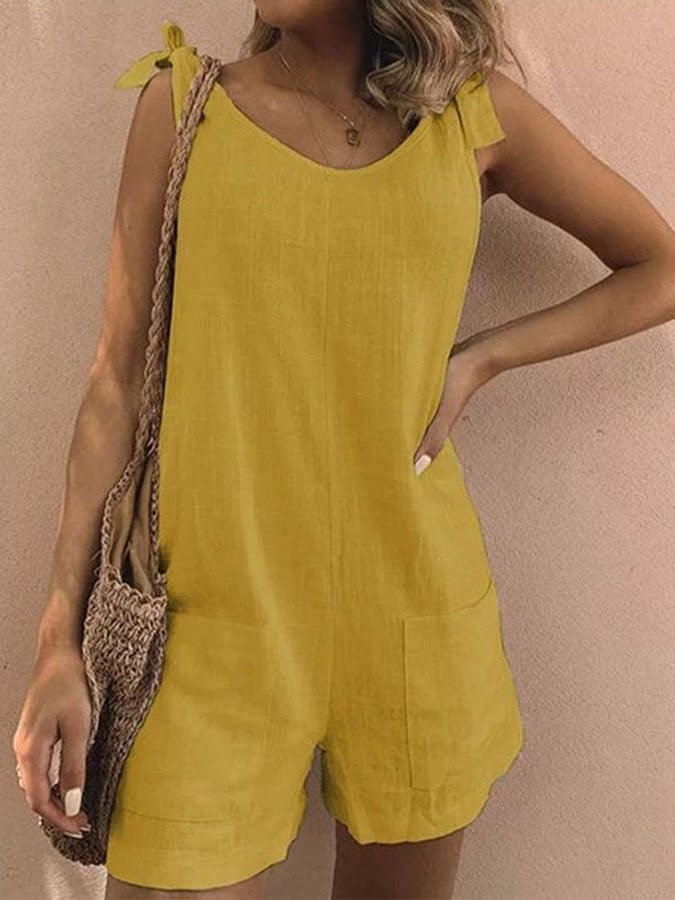 Casual Solid Color Cotton Linen Pocket Jumpsuit