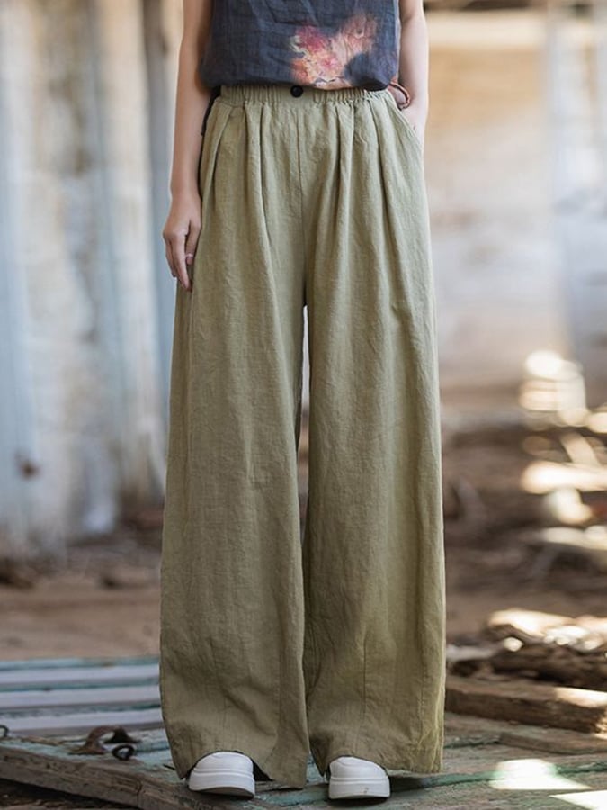 Women's Solid Color Loose Elastic Waist Casual Cotton And Linen Pants