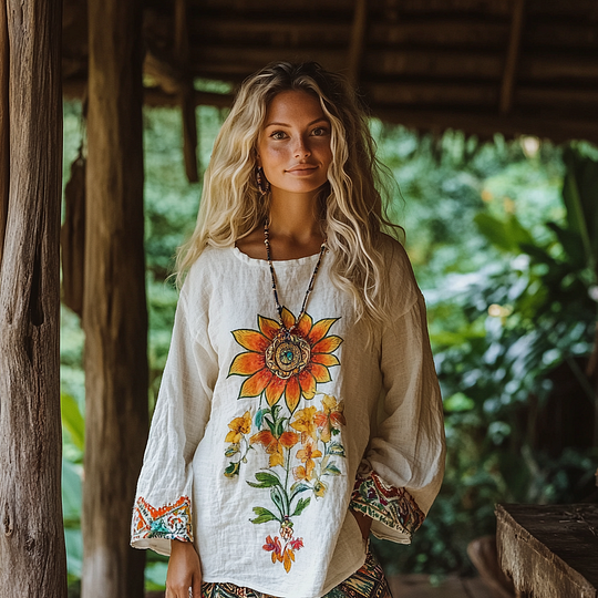 Retro Bohemian Resort Linen Art Embroidery Print Cotton And Linen Blend Loose Blouse