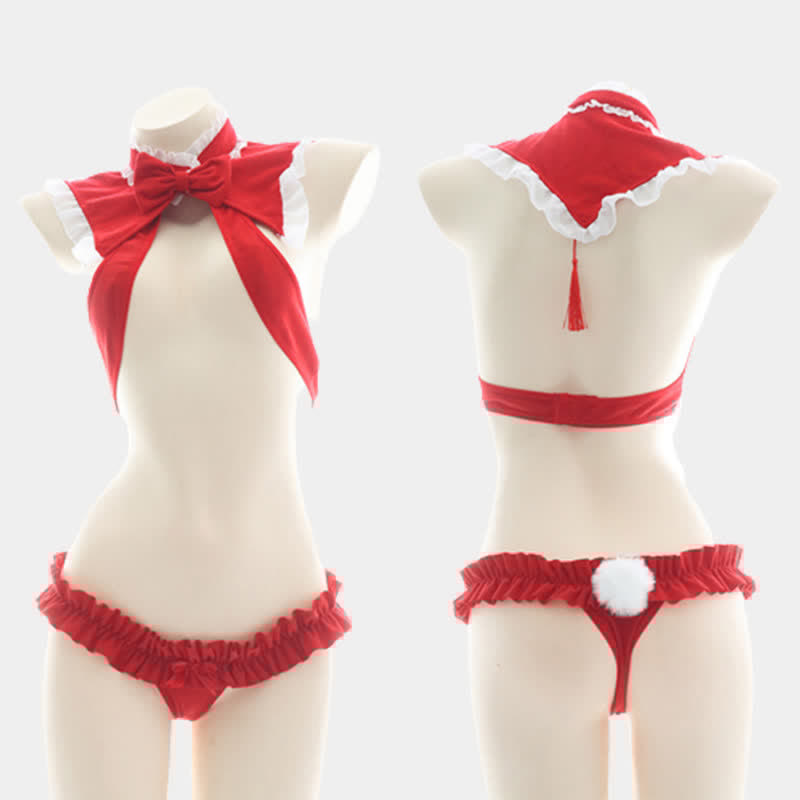 Bow Knot Bunny Tail Lingerie Bikini Set