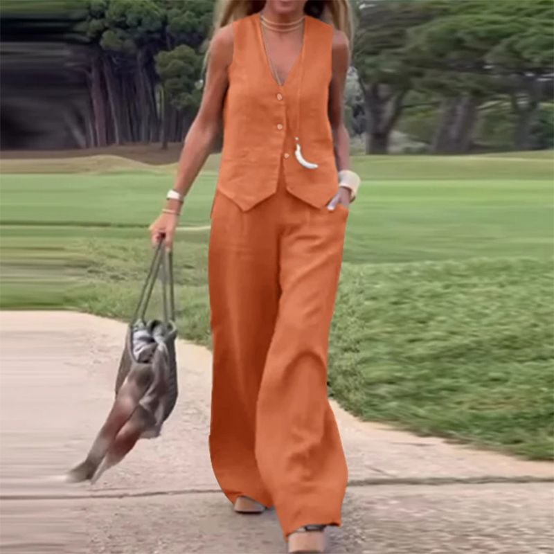 💕Button Down Vest and Wide Leg Pants 2 Piece Set (Buy 2 Sets Free Shipping)