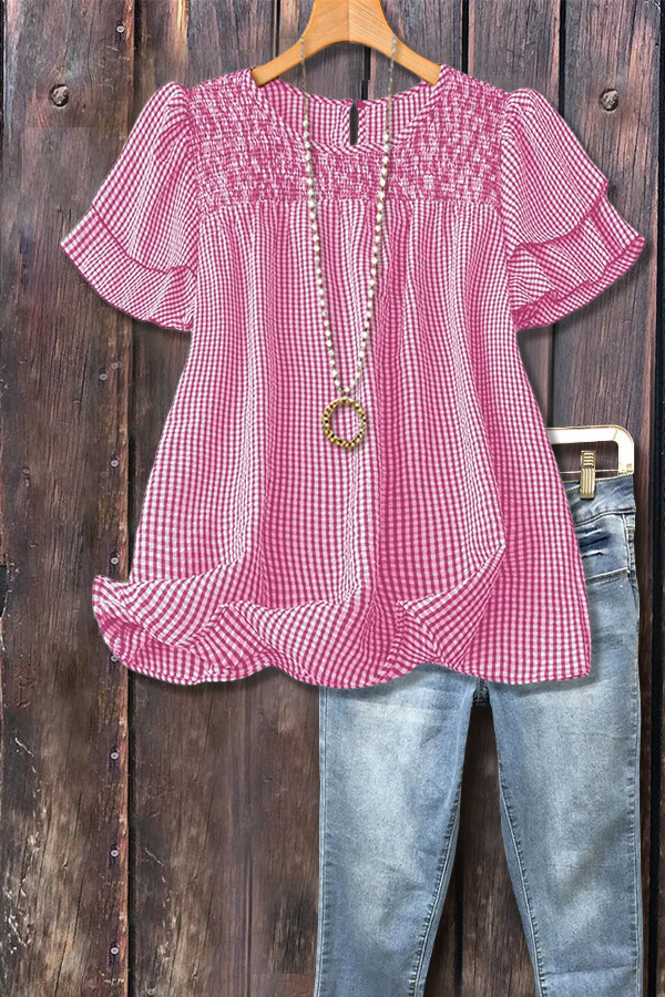 Casual Checkered Tiered Short Sleeve Top