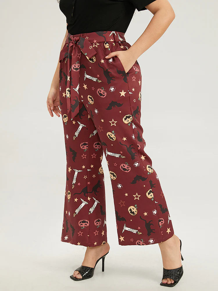Halloween Graphic Belted Flare Leg Pants