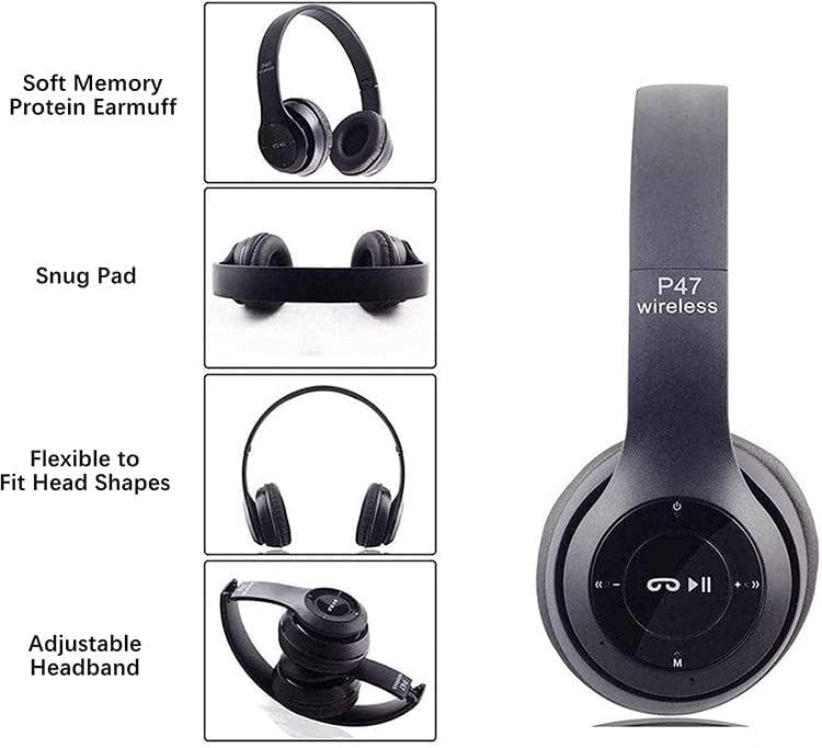 Wireless Headphones Over Ear P47 Super Bass 5.1, Volume Control, Bluetooth, Card Support SD, LED Lights, Compatible with IOS & Android, Built-in Microphone, FM Radio